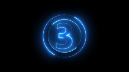 Glowing Blue Number Three Inside Illuminated Circle on Black Background Countdown Concept