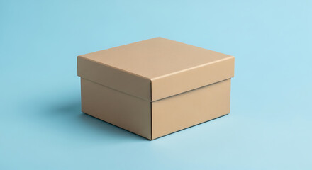 Light beige cardboard box on a light blue background.