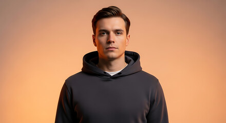 Fototapeta premium Serious young man in a dark grey hoodie against a warm orange background.