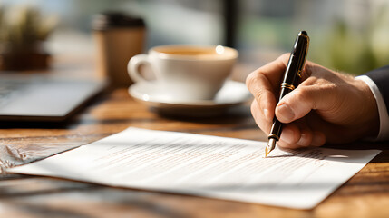 Signing a Business Contract.
A close-up of a business professional signing a business contract with a fountain pen on a wooden desk, symbolizing the finalization of an agreement.