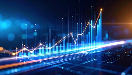 Financial Growth: A futuristic graph illustrating upward trends, indicating successful investments and market prosperity. The image depicts business and financial themes.