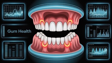 Dental Visualization: A vibrant, close-up illustration showcases dental anatomy, highlighting healthy gums and teeth with dynamic visual aids for health assessment. 