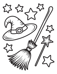 Magical Witch Hat with Broomstick and Sparkling Stars Halloween Coloring Page