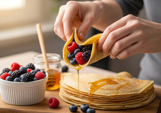 Hands preparing a delicious crepe filled with fresh mixed berries and drizzling golden honey for breakfast