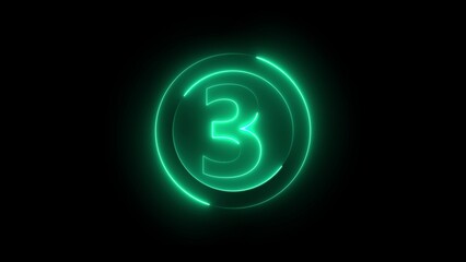 Glowing Neon Green Number Three Inside a Circle on Black Background Countdown Element