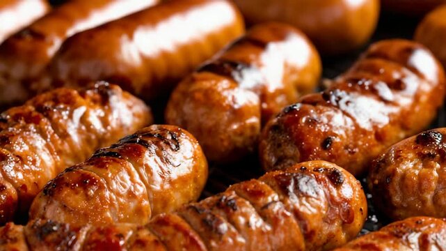 Delicious grilled sausages cooking on barbecue grill illing the air with mouthwatering aromas.