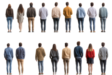 Collection of cut out materials featuring the back view of diverse individuals in casual attire arranged in a grid on a transparent background