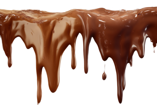 Melted chocolate creates a glossy dripping effect on a transparent background, highlighting the rich texture and decadent appearance