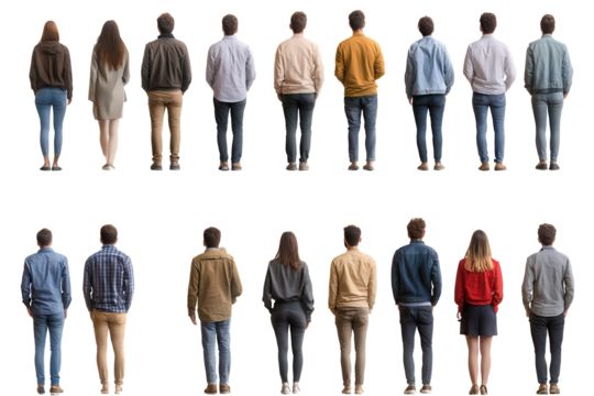 Collection of cut out materials featuring the back view of diverse individuals in casual attire arranged in a grid on a transparent background - Powered by Adobe