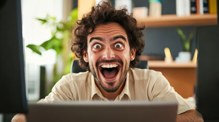 Excited man reacts joyfully to surprising news while working from a modern office setting
