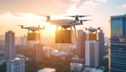Drone Delivery in Urban Sky: A squadron of delivery drones navigate the urban skyline, each carrying a package, under a vibrant sunset.