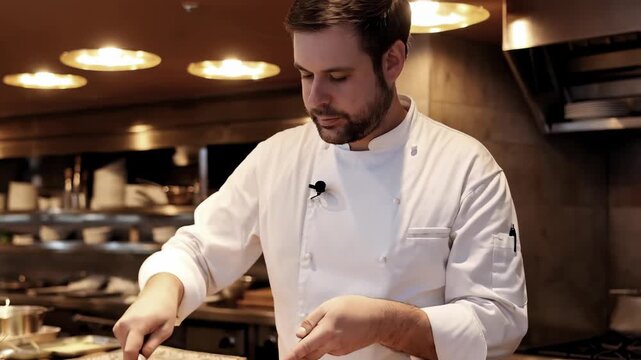 Chef is preparing food in a kitchen. Scene is focused and professional, as chef is carefully cutting food with knife. sound buttonhole microphone on clothes, preparation process is recorded in blog