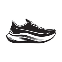 Illustration of a black and white running shoe with laces and a thick sole on a white background