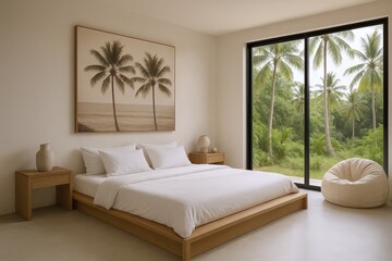 Fototapeta premium Serene Bedroom Oasis Featuring a Low Platform Bed and Lush Tropical Palm Tree Views Through a Large Window