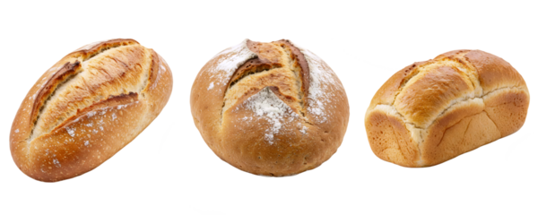 A set of three rustic, artisanal bread rolls with a dusting of flour. This collection represents fresh, traditional baking from a local bakery or homemade from scratch.