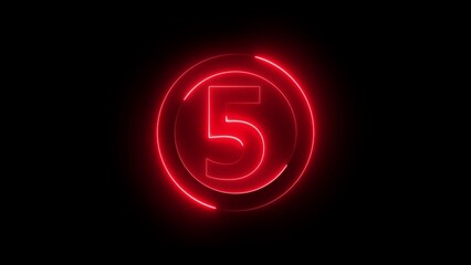 Glowing red neon number five inside concentric circles on a black background countdown concept