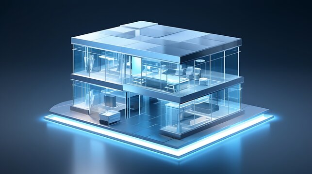 A modular isometric tech startup building with glass curtain walls and geometric layout, placed over a matte steel-blue background, sharp contrast, realistic reflections .