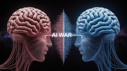 AI War: A striking visual representation of the impending struggle between artificial and human intelligence, with two stylized brain halves, and a dynamic clash of red and blue colors.