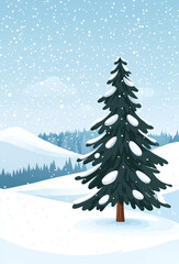Naklejka premium Snowy pine tree stands tall in winter landscape with falling snowflakes and frosty hills under pale blue sky, evoking calm and cold