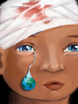 children in war a wounded and bandaged child cries a big heart-shaped world a concept of the fragile and innocent in a war conflict