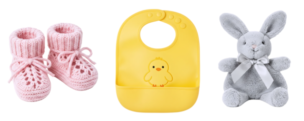 A set of adorable baby items, including pink knitted booties, a yellow bib with a bunny face, and a grey bunny plush toy. This collection is perfect for a baby shower or newborn gift theme for a girl.