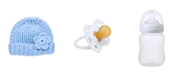 A set of baby boy essentials, featuring a blue knitted beanie, a pacifier with a clip, and a baby bottle with milk. This collection is perfect for a newborn or baby shower theme.