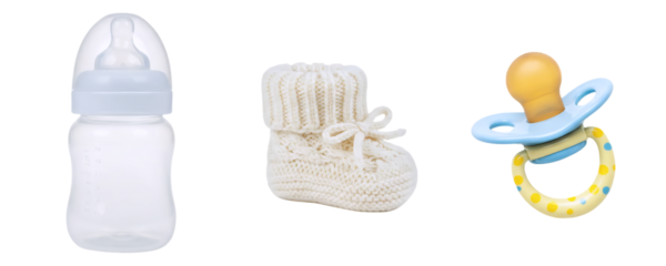 A collection of newborn baby essentials, including a feeding bottle, a pair of knitted booties, and a pacifier. This simple set represents the basic necessities for infant care.
