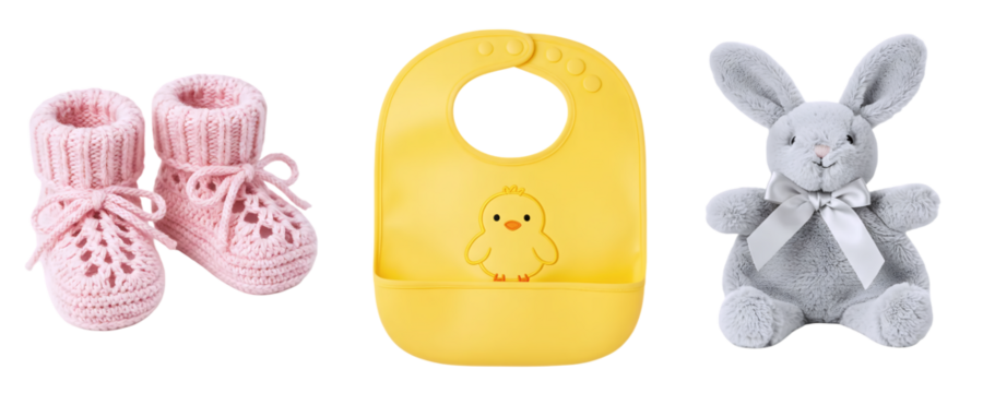 A set of adorable baby items, including pink knitted booties, a yellow bib with a bunny face, and a grey bunny plush toy. This collection is perfect for a baby shower or newborn gift theme for a girl.