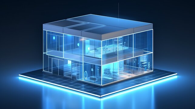 A modular isometric tech startup building with glass curtain walls and geometric layout, placed over a matte steel-blue background, sharp contrast, realistic reflections . - Powered by Adobe