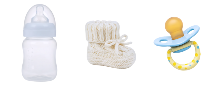 A collection of newborn baby essentials, including a feeding bottle, a pair of knitted booties, and a pacifier. This simple set represents the basic necessities for infant care.