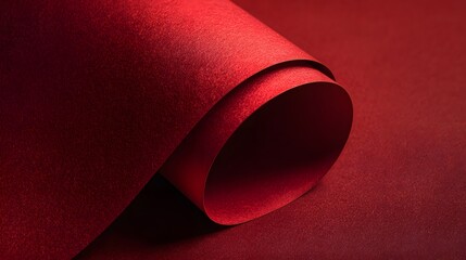 A single sheet of rich crimson paper with a metallic glittery texture elegantly rolled into a soft smooth curve.
