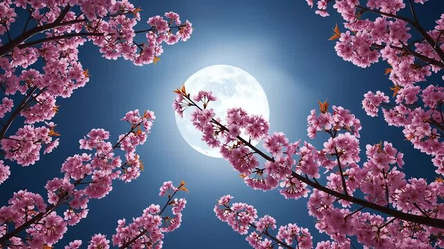 Pink Cherry Blossoms Framing the Full Moon at Night against a Dark Blue Sky