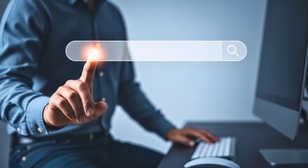 Digital Search: A person initiates a digital search, their finger poised to activate a search bar on a digital display.