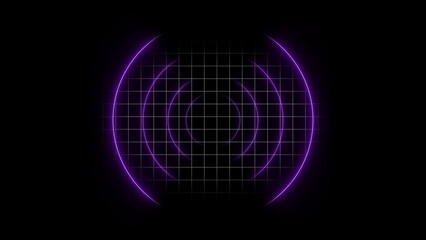 Purple concentric circles radiating from center over a gray grid on black background representing sound waves or signal
