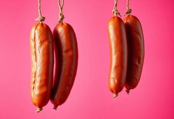 Plump Bavarian sausages suspended mid-air against a vibrant pink backdrop,   falling food,   close up