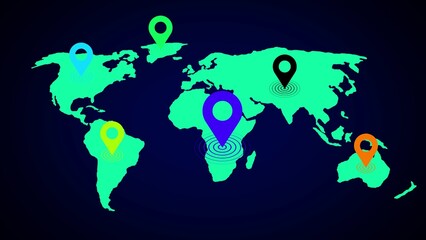 World map illustration with green continents and colorful location markers showing global locations and destinations on a dark blue background