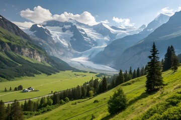 Fototapeta premium Majestic alpine valley with glacier and lush green slopes