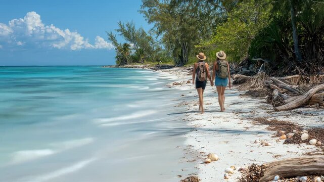 Two women walk hand-in-hand along a sun-drenched beach with turquoise water and gentle waves. Lush trees border