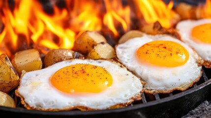 Fried eggs with potatoes sizzling on a grill, capturing the essence of a tasty breakfast