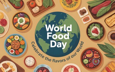 World food day celebration with diverse global cuisine surrounding planet earth illustration