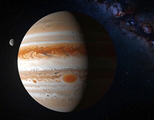 Jupiter, a gas giant planet, with bands of color and a moon