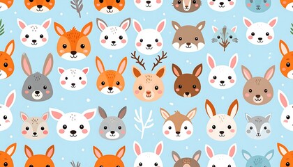 Cute animal faces pattern on a light blue background.