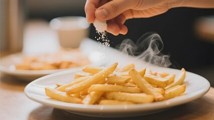 Hand sprinkling salt over a plate of steaming French fries