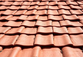 Rustic red clay roof tiles, weathered texture, sunlight, old, brick