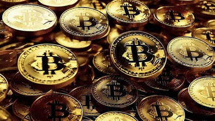 gold Bitcoin coins float against. digital blockchain backdrop. Cryptocurrency concept with physical Bitcoin tokens floating in space. golden coins, value in virtual financial system. - Powered by Adobe