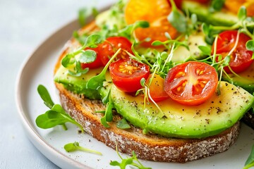 Avocado Toast with Cherry Tomatoes Orange Segments and Microgreens on Rustic Bread