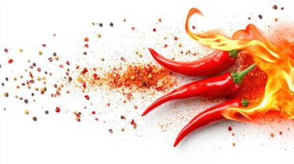 Three red chili peppers are surrounded by fire and spice on a white backdrop.
