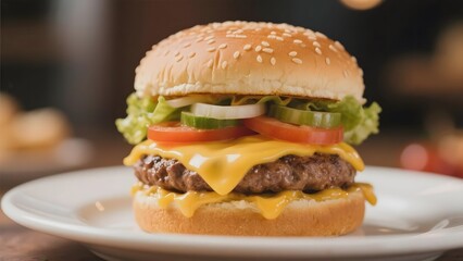 Classic Cheeseburger with Fresh Toppings on a White Plate