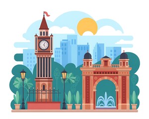 Iconic london landmarks big ben and marble arch with city skyline and sun