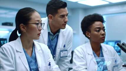 A diverse team of medical professionals collaborates, intently examining data and utilizing advanced technology in a modern laboratory setting. - Powered by Adobe